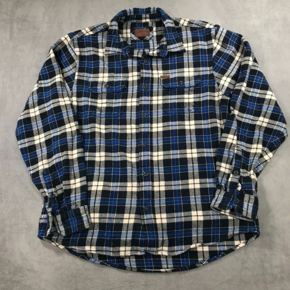 Orvis Heavy Plaid Flannel Shirt Men's Extra Large Blue Black Button Up Outdoors